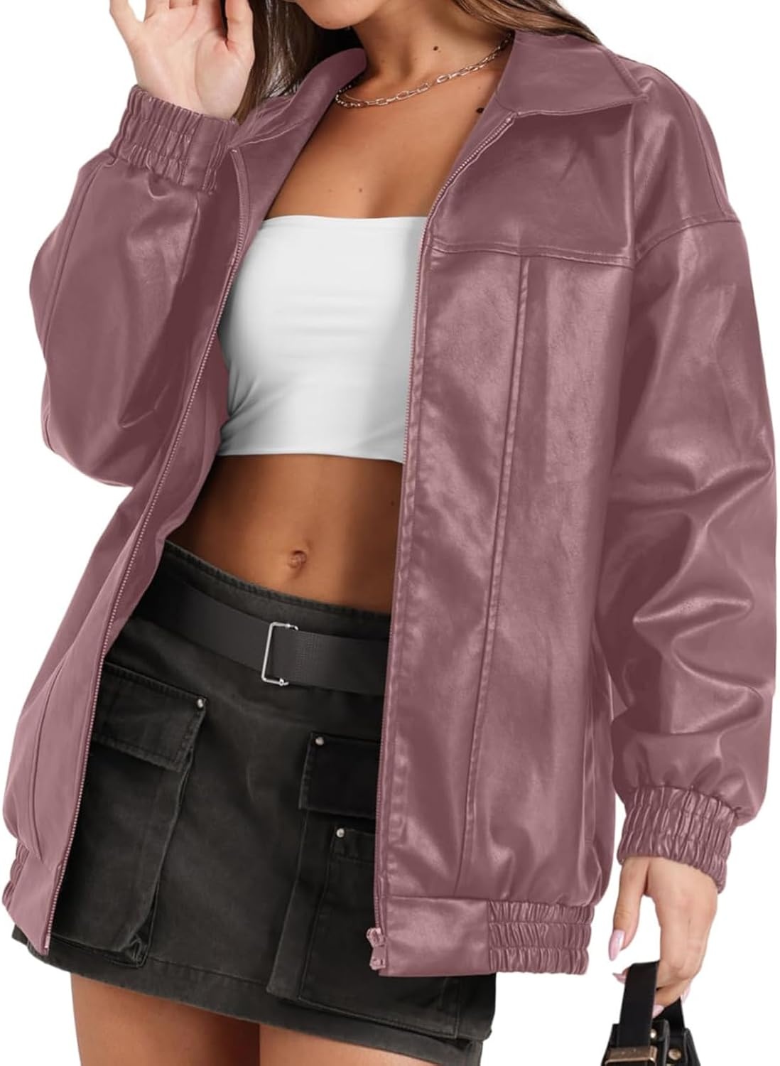 image:imageFaux Leather Jacket Women Oversized Casual Zip Up Jacket Motorcycle Bomber Jacket Coat Trendy Fall Winter ClothesPink