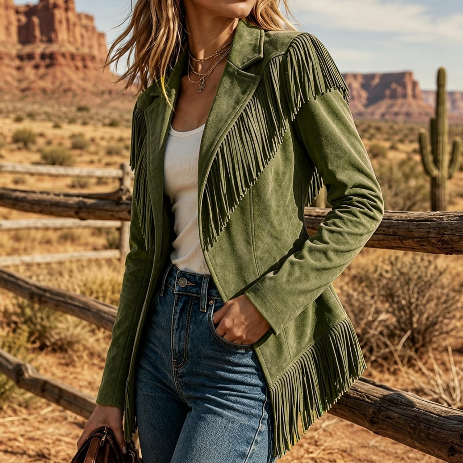 image:imageFringe Jacket Women Faux Suede Leather Jackets Open Front Tassel CoatArmy Green