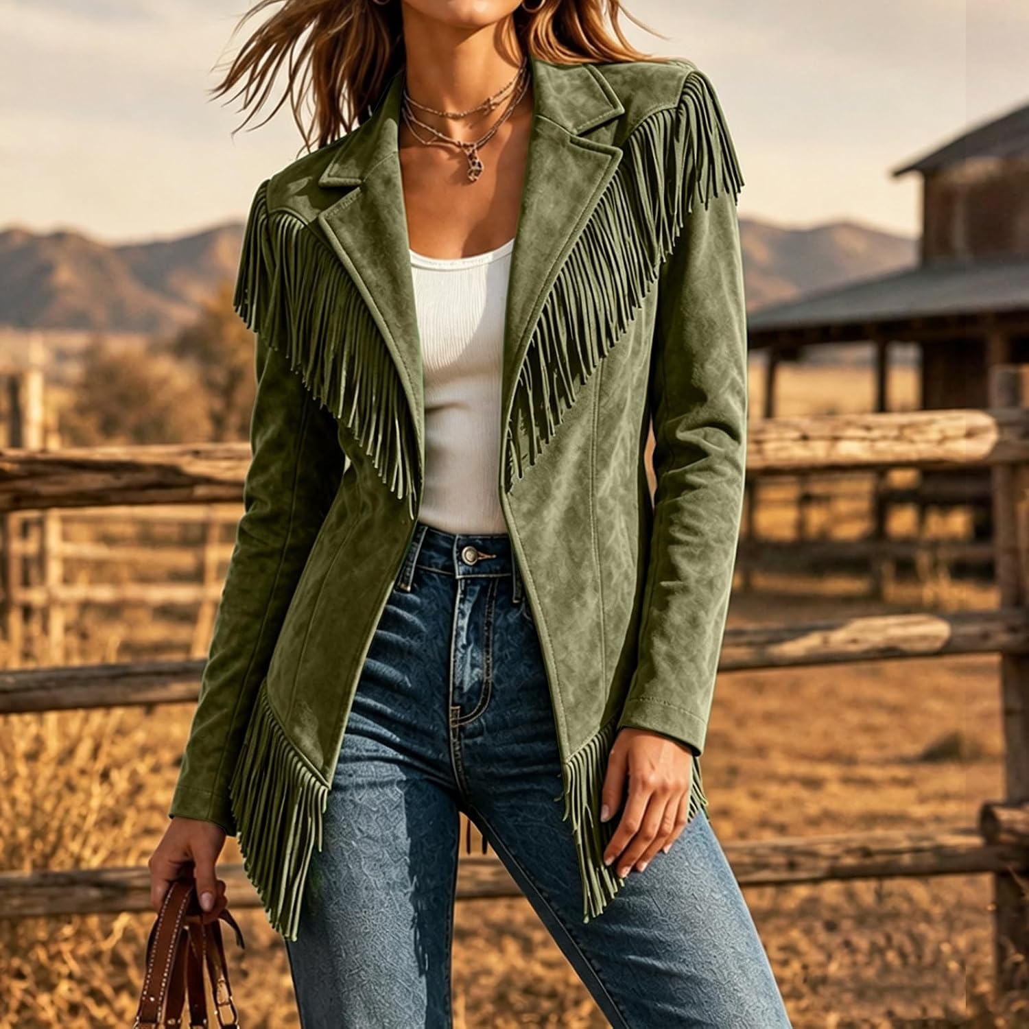 image:imageFringe Jacket Women Faux Suede Leather Jackets Open Front Tassel CoatArmy Green