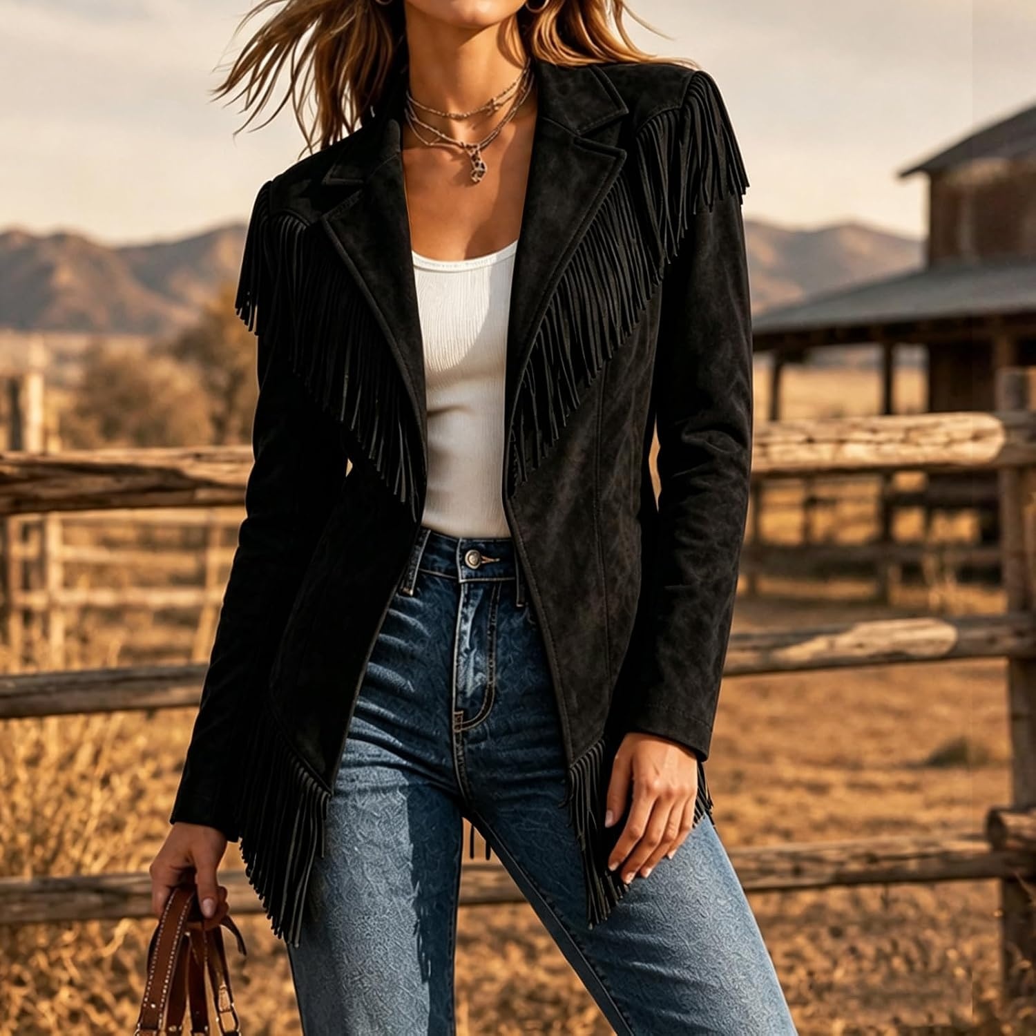 image:imageFringe Jacket Women Faux Suede Leather Jackets Open Front Tassel CoatBlack