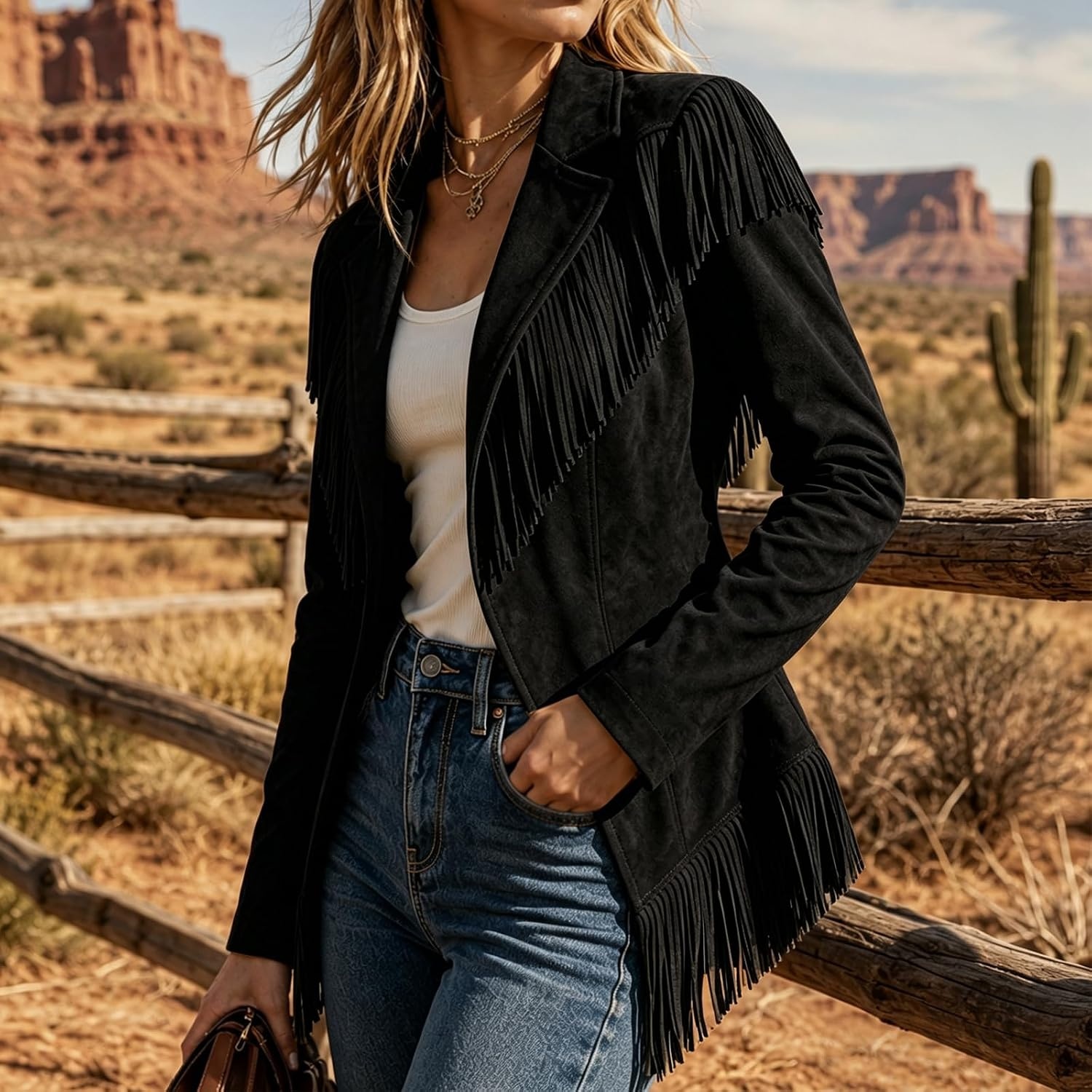 image:imageFringe Jacket Women Faux Suede Leather Jackets Open Front Tassel CoatBlack