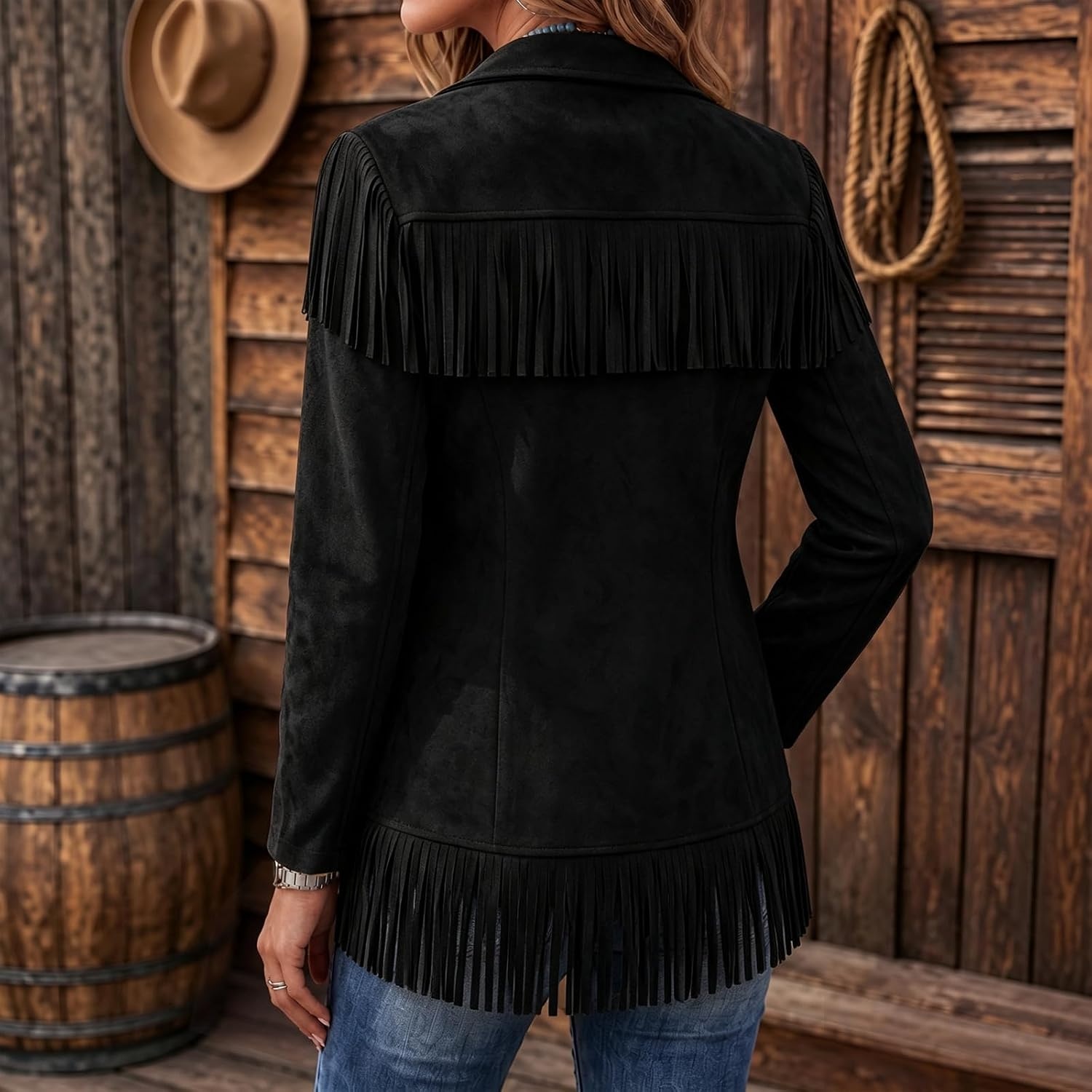 image:imageFringe Jacket Women Faux Suede Leather Jackets Open Front Tassel CoatBlack