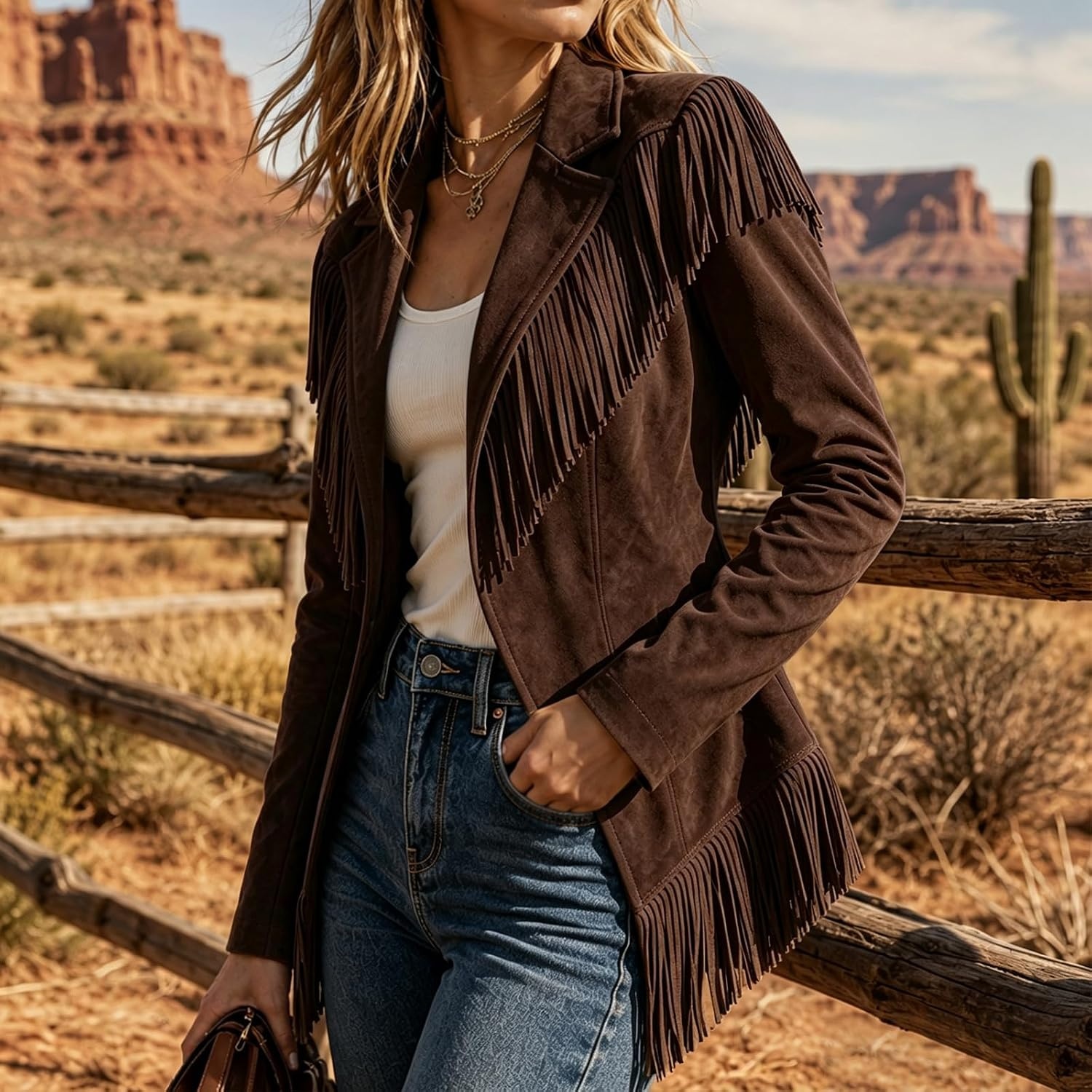 image:imageFringe Jacket Women Faux Suede Leather Jackets Open Front Tassel CoatCoffee
