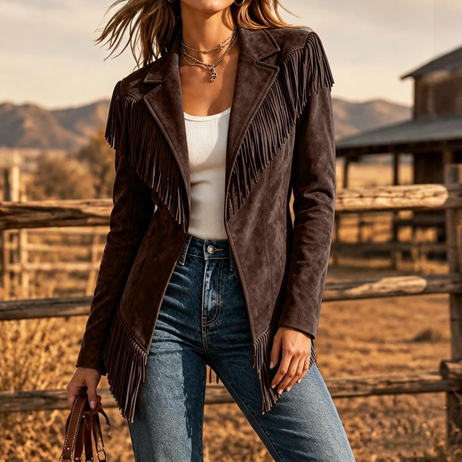 image:imageFringe Jacket Women Faux Suede Leather Jackets Open Front Tassel CoatCoffee