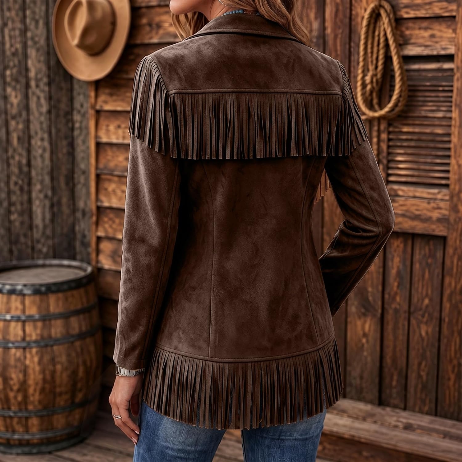 image:imageFringe Jacket Women Faux Suede Leather Jackets Open Front Tassel CoatCoffee