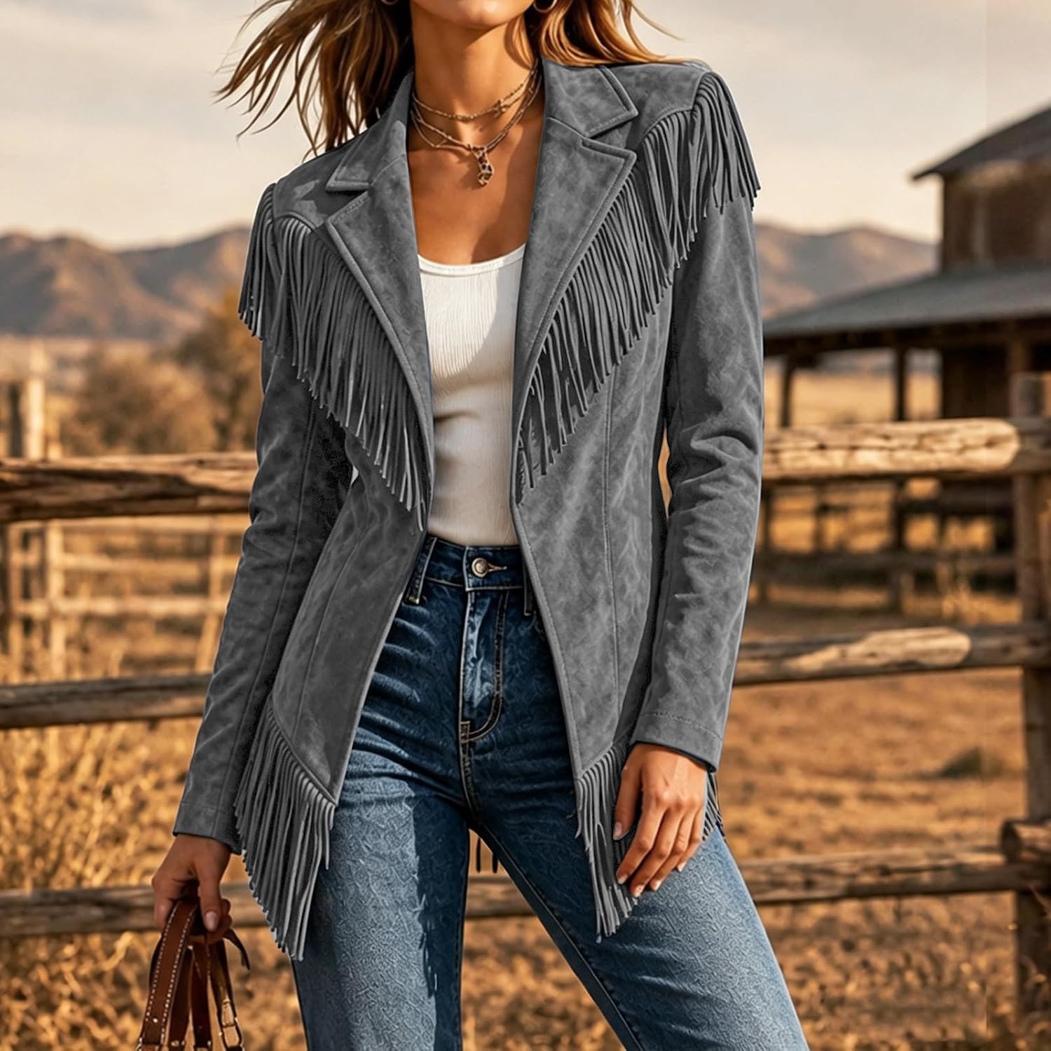 image:imageFringe Jacket Women Faux Suede Leather Jackets Open Front Tassel CoatGrey
