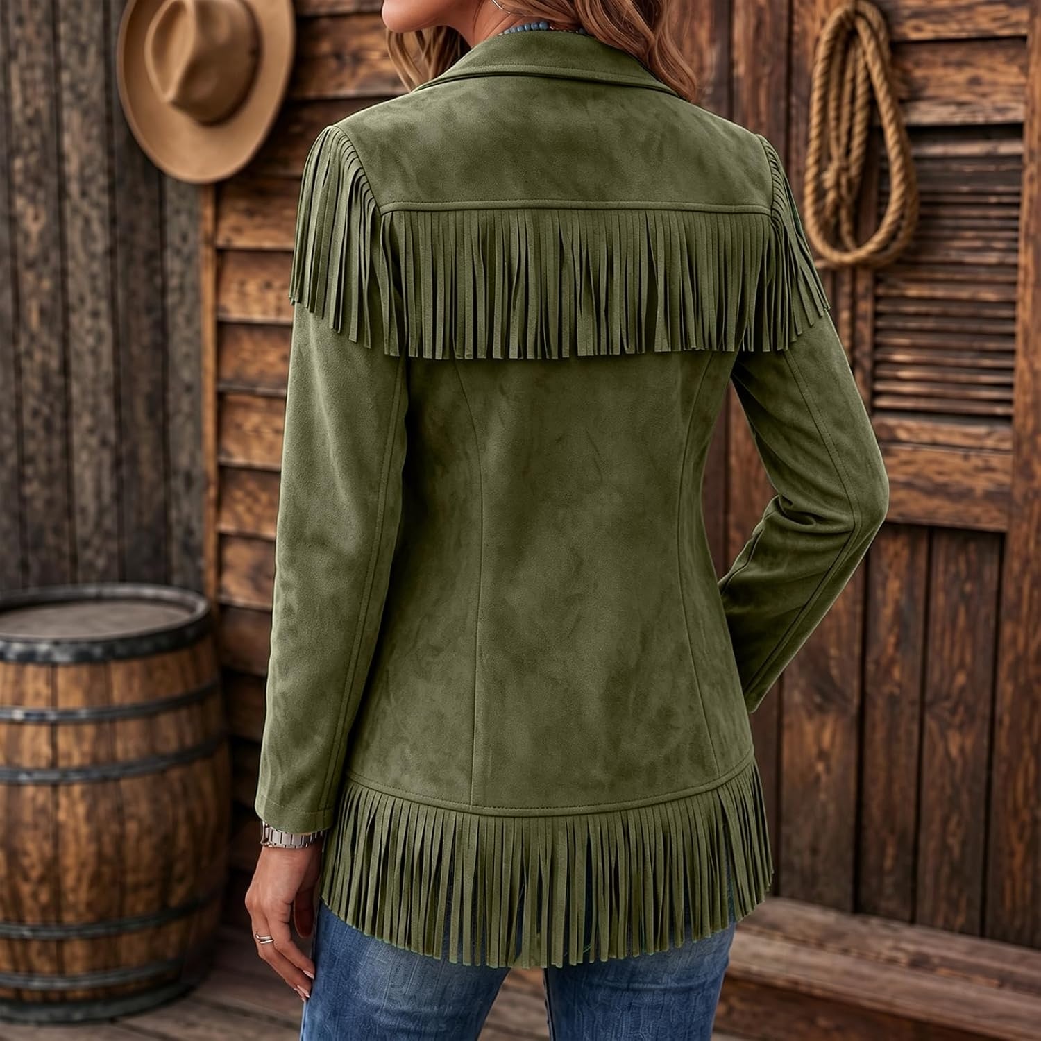 image:imageFringe Jackets for Women Faux Suede Tassel Coats Fitted Cowgirl BlazerArmy Green