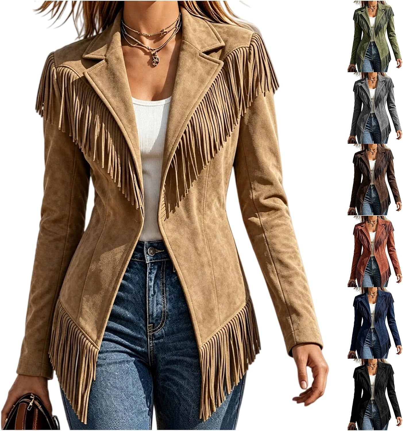 image:imageFringe Jackets for Women Faux Suede Tassel Coats Fitted Cowgirl BlazerGrey