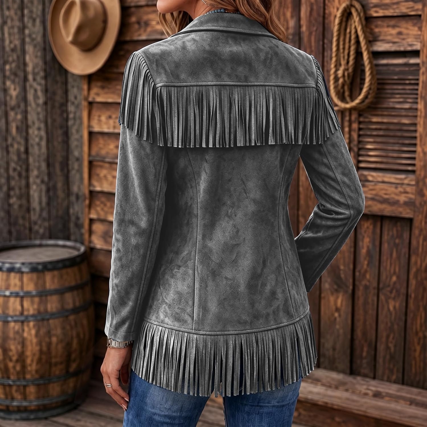 image:imageFringe Jackets for Women Faux Suede Tassel Coats Fitted Cowgirl BlazerGrey