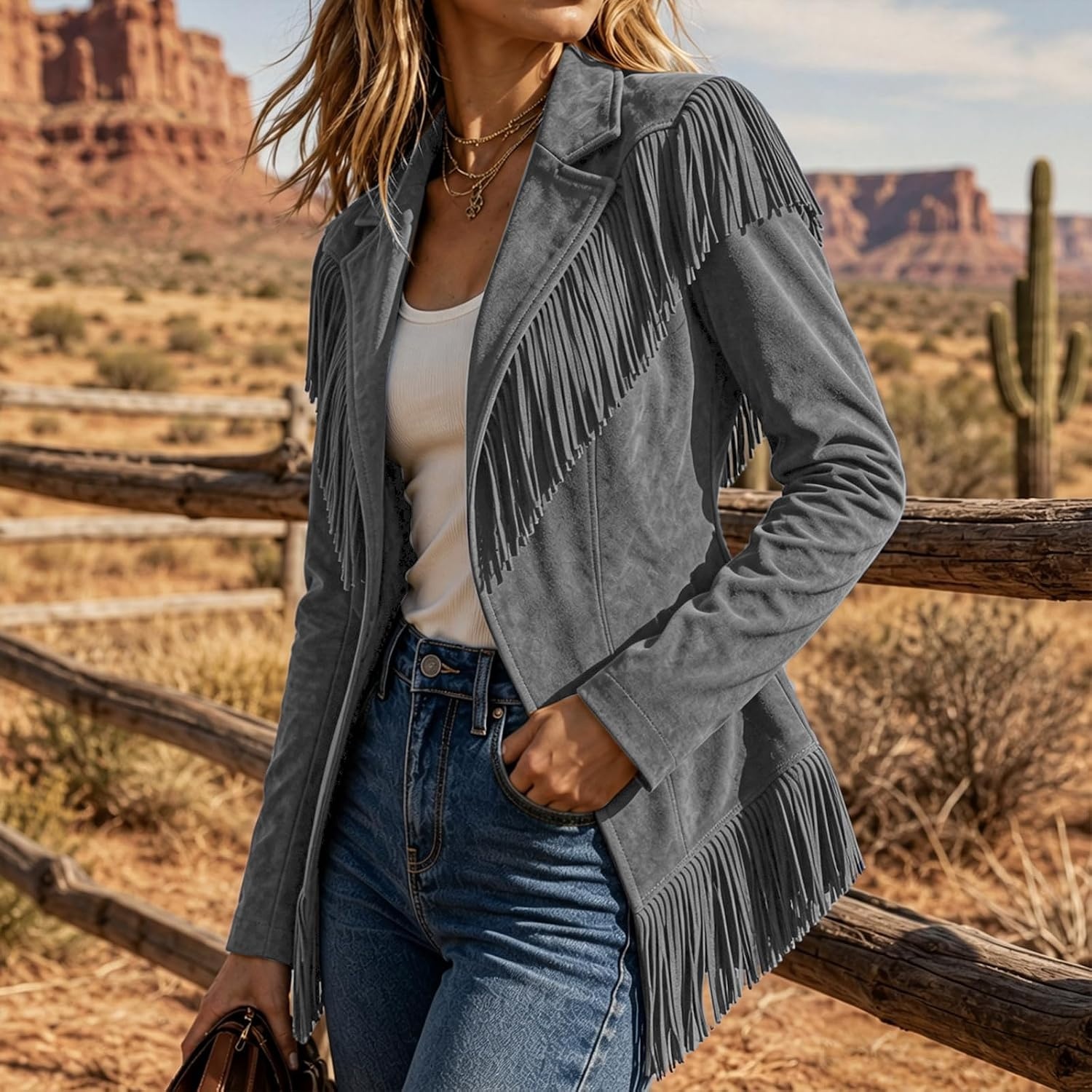 image:imageFringe Jackets for Women Faux Suede Tassel Coats Fitted Cowgirl BlazerGrey