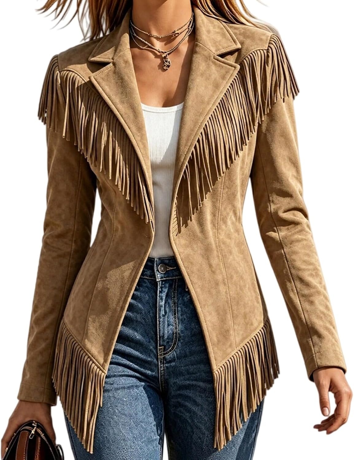 image:imageFringe Jackets for Women Faux Suede Tassel Coats Fitted Cowgirl BlazerKhaki
