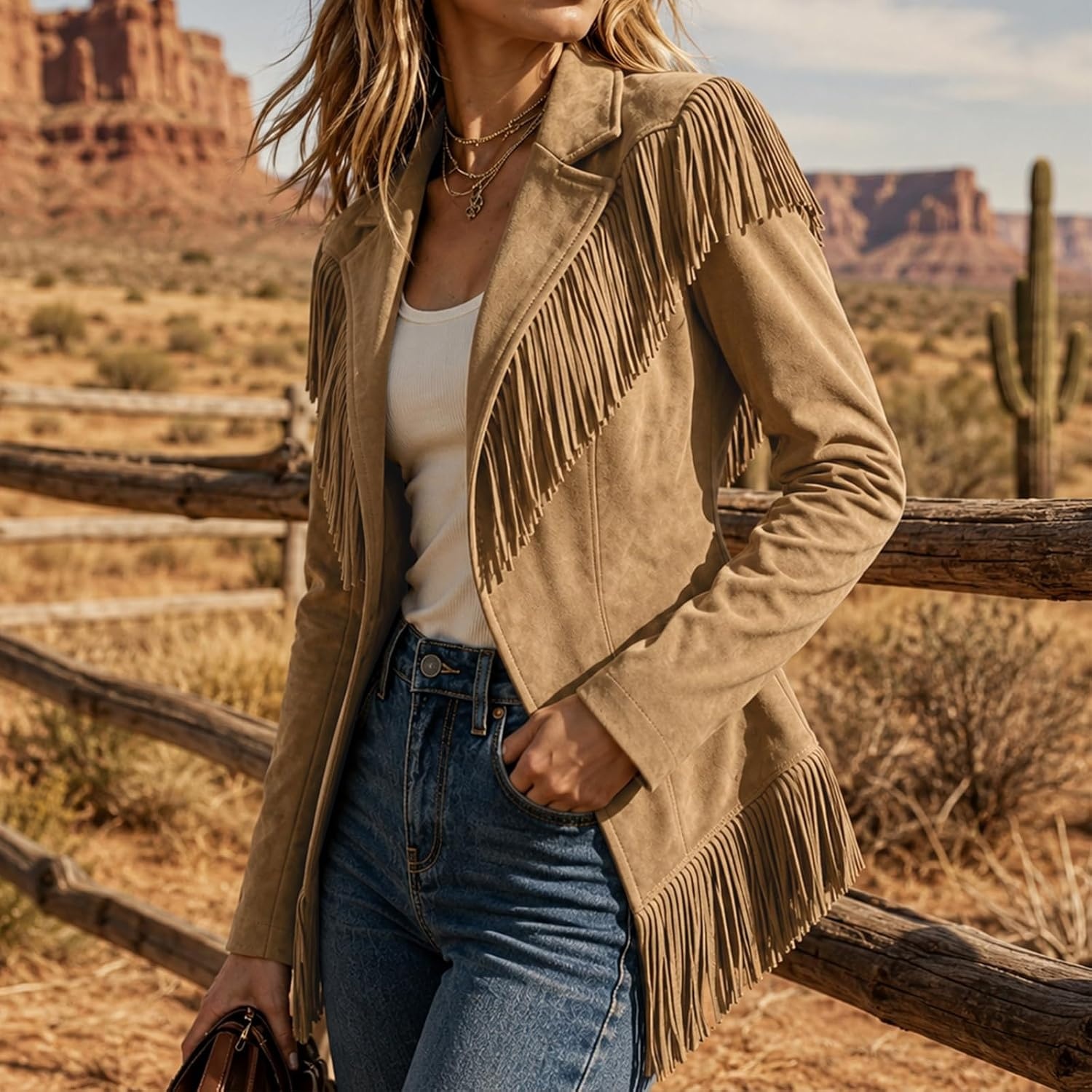 image:imageFringe Jackets for Women Faux Suede Tassel Coats Fitted Cowgirl BlazerKhaki