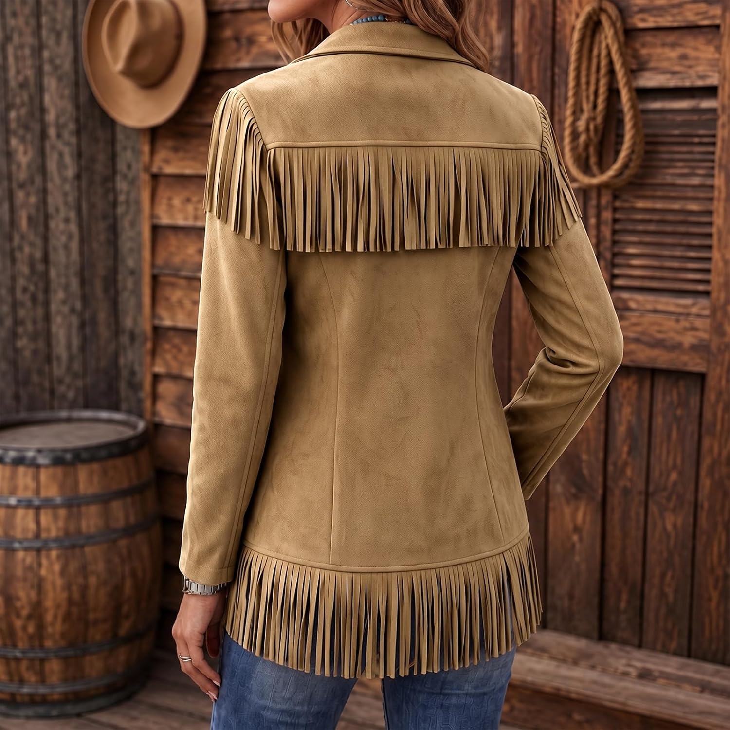 image:imageFringe Jackets for Women Faux Suede Tassel Coats Fitted Cowgirl BlazerKhaki