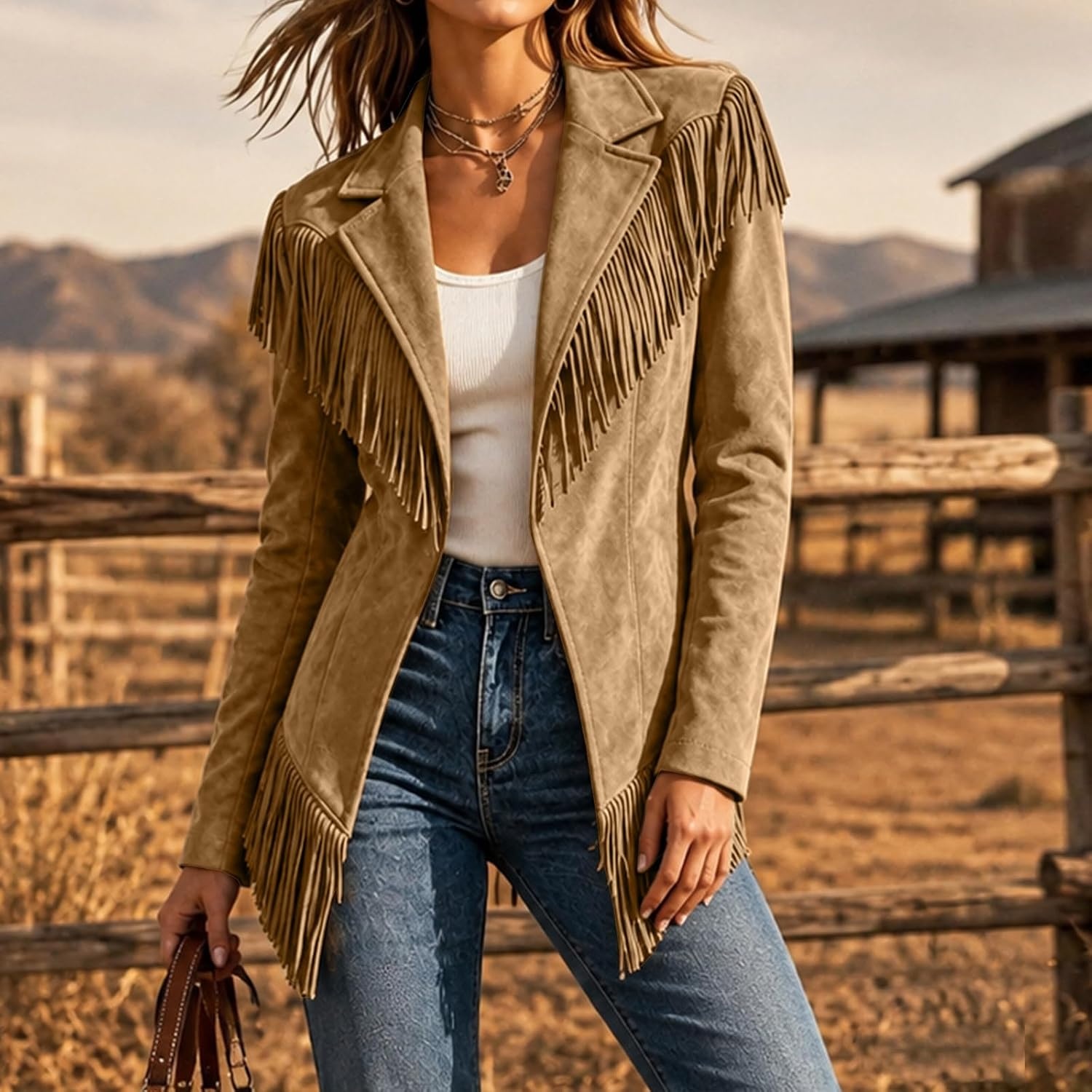 image:imageFringe Jackets for Women Faux Suede Tassel Coats Fitted Cowgirl BlazerKhaki
