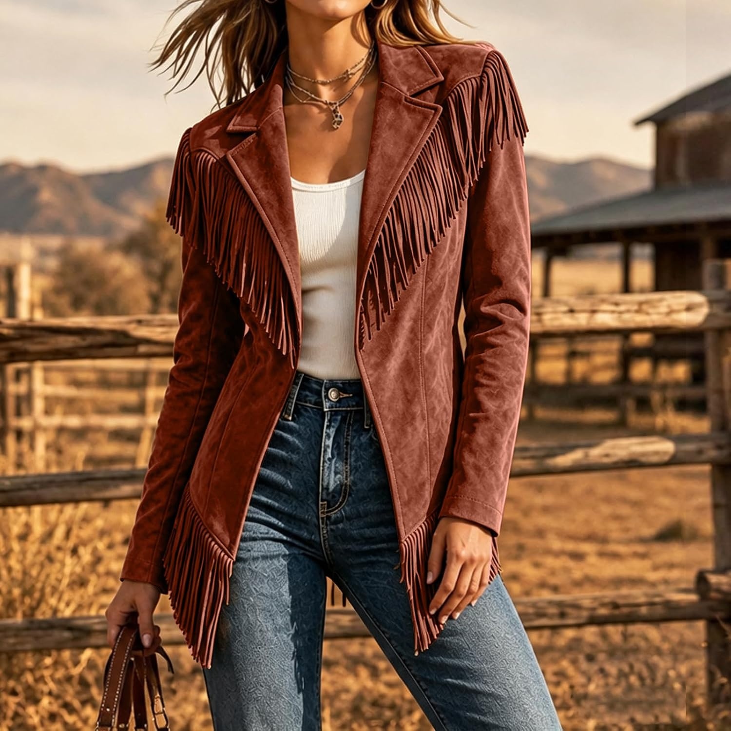 image:imageFringe Jackets for Women Faux Suede Tassel Coats Fitted Cowgirl BlazerWine Red
