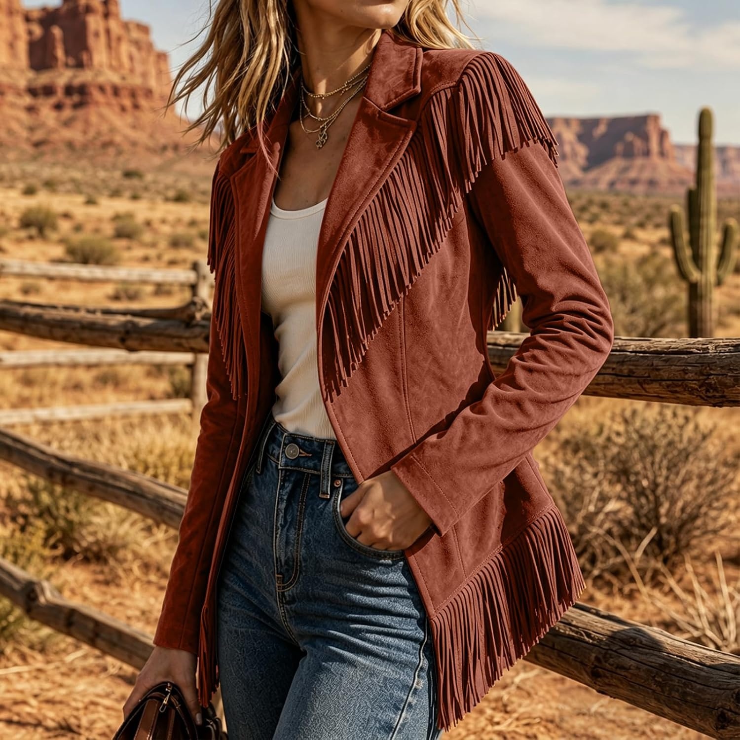 image:imageFringe Jackets for Women Faux Suede Tassel Coats Fitted Cowgirl BlazerWine Red