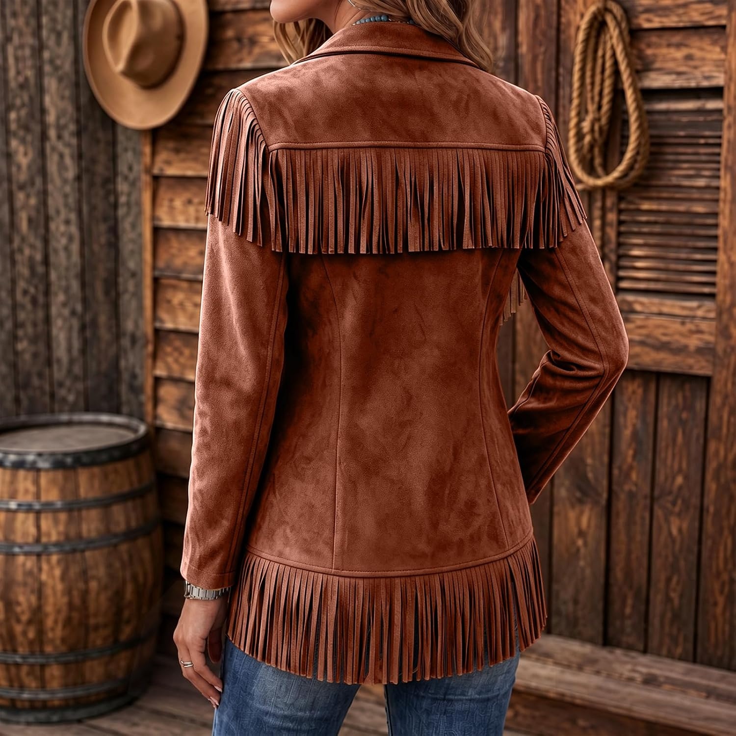 image:imageFringe Jackets for Women Faux Suede Tassel Coats Fitted Cowgirl BlazerWine Red