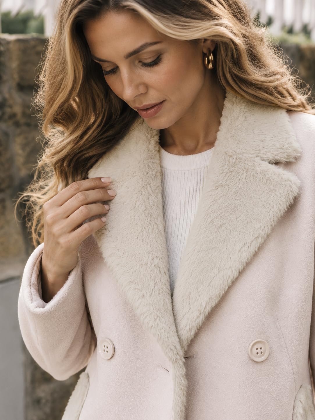 image:imageFur Collar Wool Coats for Women Double Breasted Long Peacoat JacketsBeige