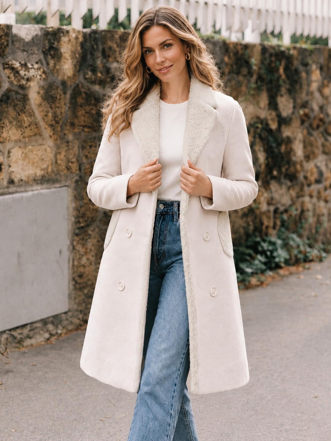 image:imageFur Collar Wool Coats for Women Double Breasted Long Peacoat JacketsBeige