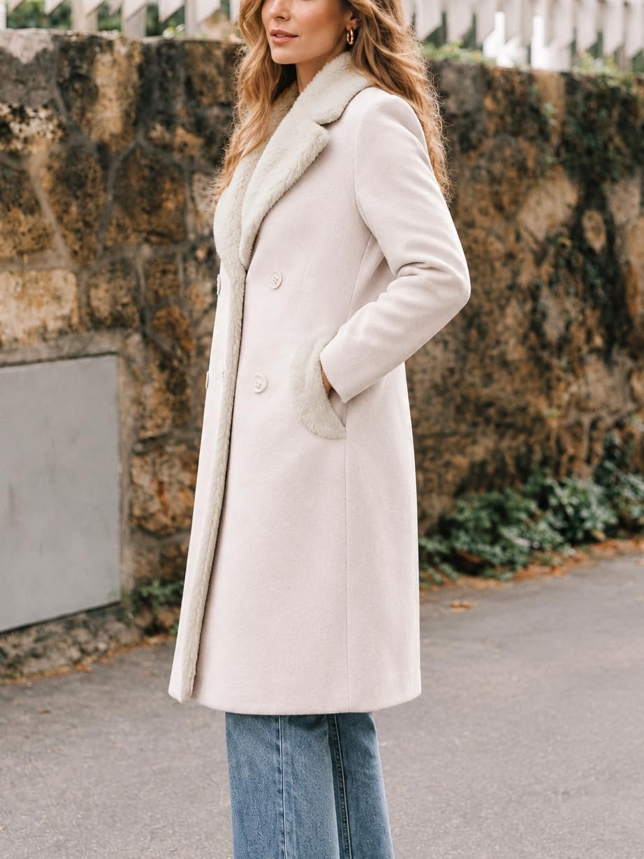 image:imageFur Collar Wool Coats for Women Double Breasted Long Peacoat JacketsBeige