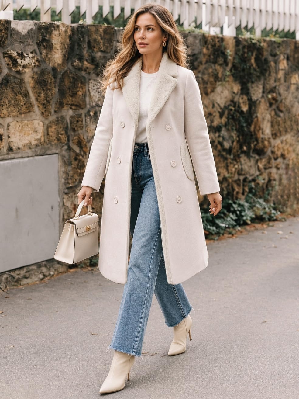 image:imageFur Collar Wool Coats for Women Double Breasted Long Peacoat JacketsBeige