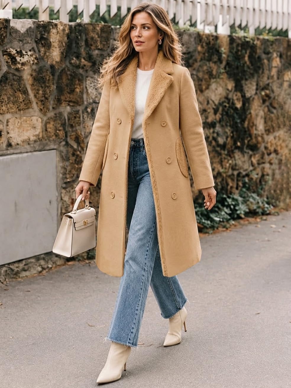 image:imageFur Collar Wool Coats for Women Double Breasted Long Peacoat JacketsCamel