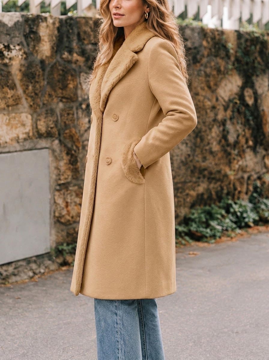 image:imageFur Collar Wool Coats for Women Double Breasted Long Peacoat JacketsCamel