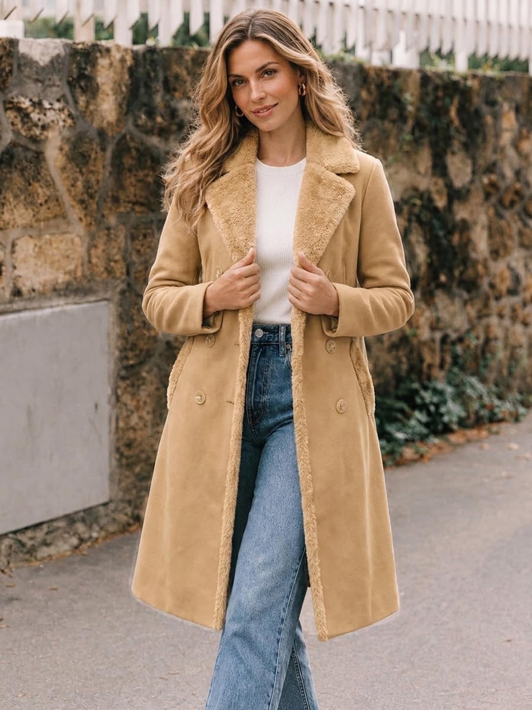image:imageFur Collar Wool Coats for Women Double Breasted Long Peacoat JacketsCamel