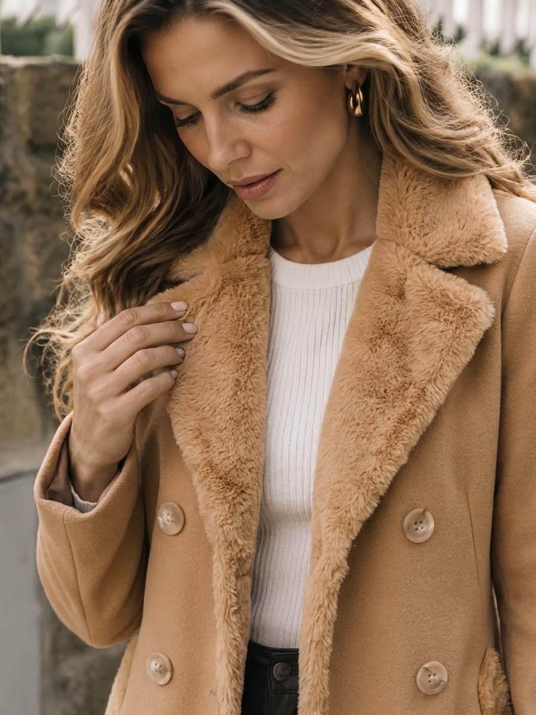 image:imageFur Collar Wool Coats for Women Double Breasted Long Peacoat JacketsCamel