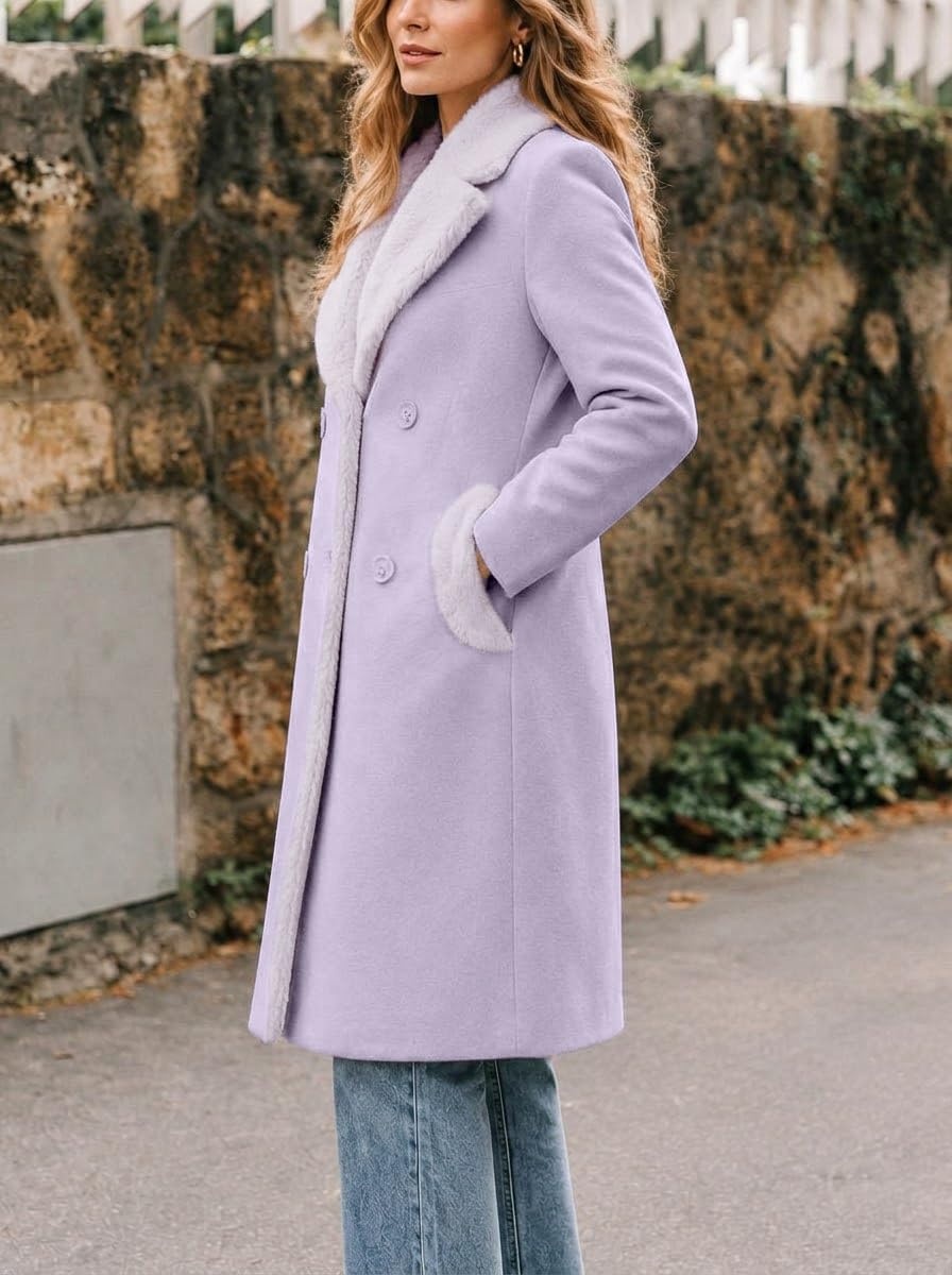 image:imageFur Collar Wool Coats for Women Double Breasted Long Peacoat JacketsLavender