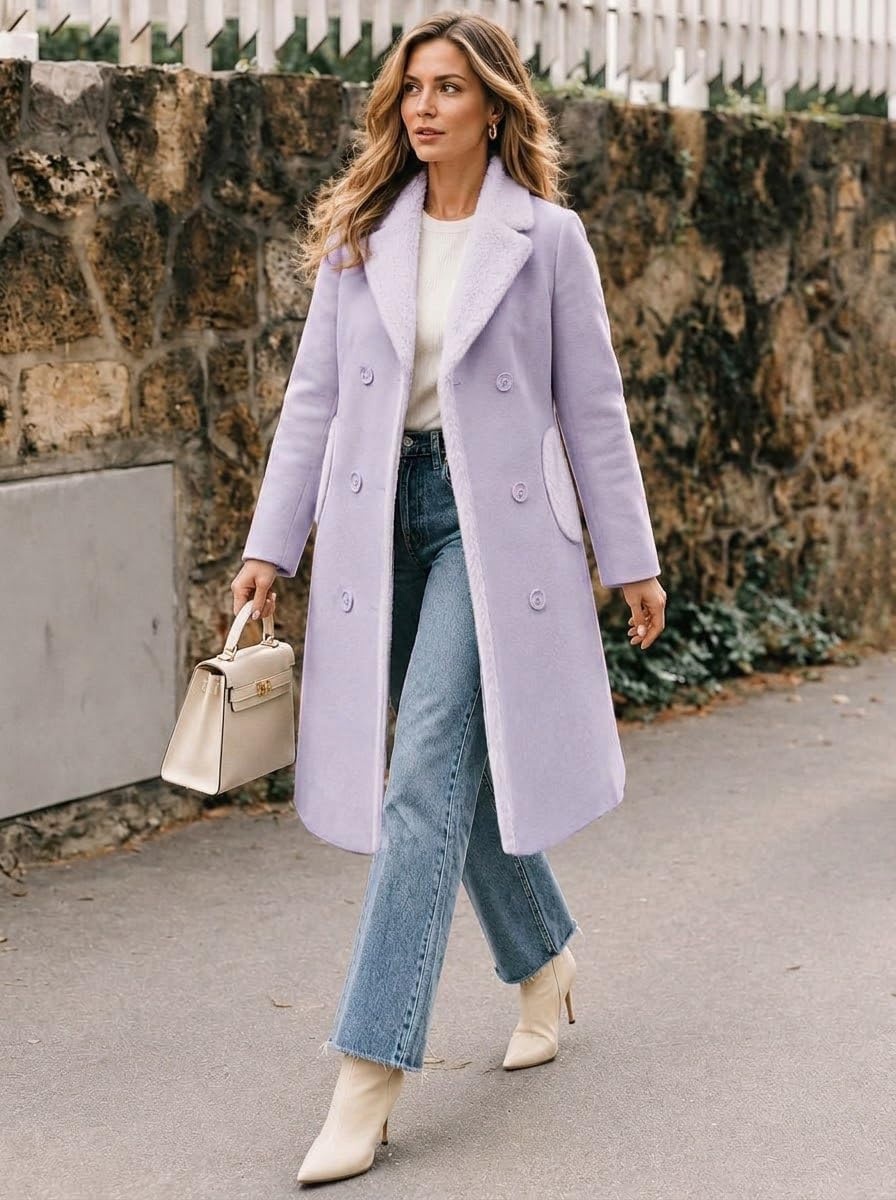 image:imageFur Collar Wool Coats for Women Double Breasted Long Peacoat JacketsLavender