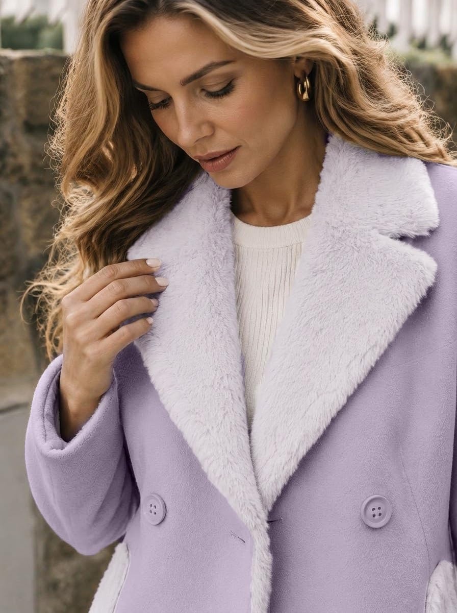 image:imageFur Collar Wool Coats for Women Double Breasted Long Peacoat JacketsLavender