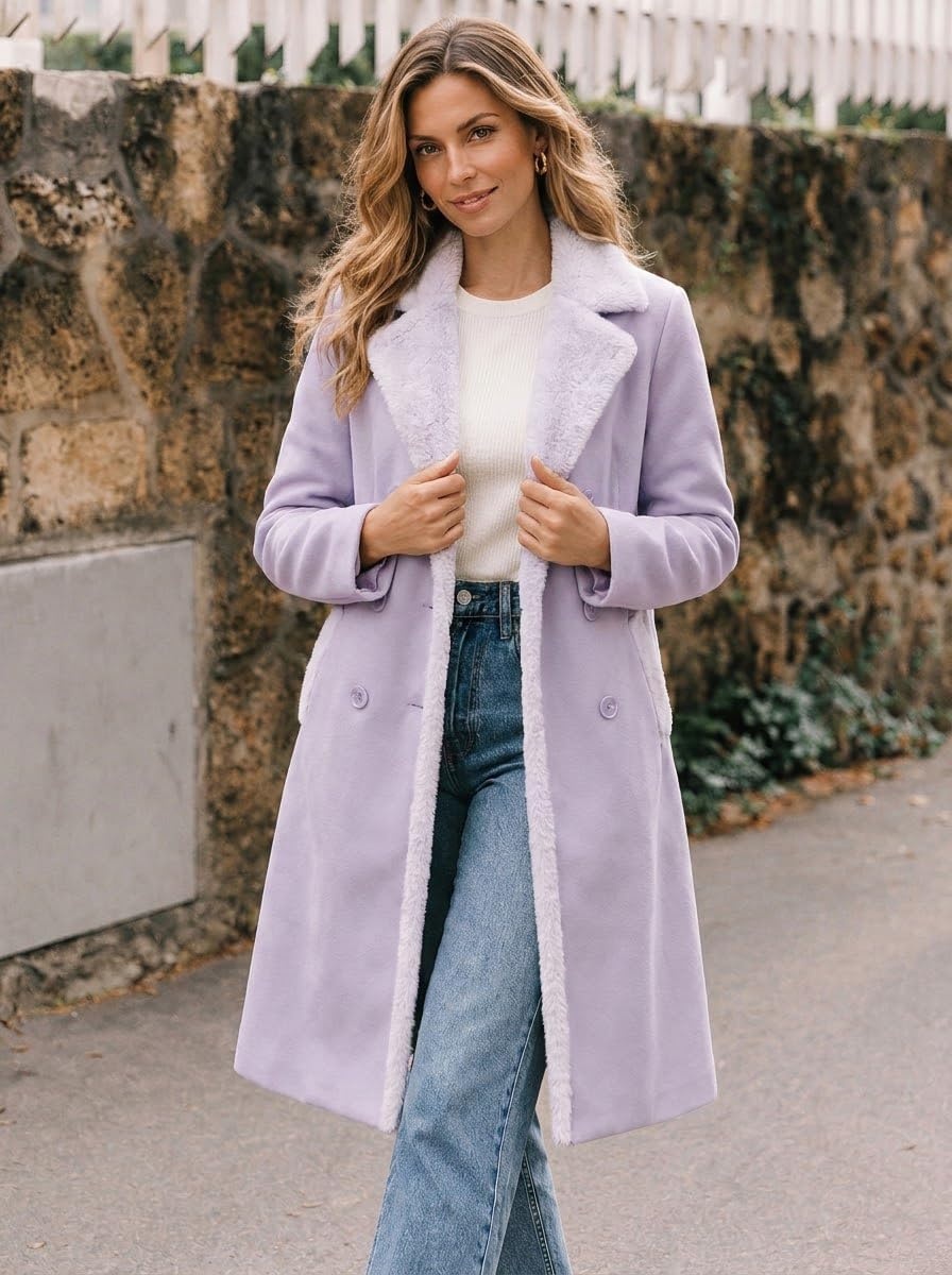 image:imageFur Collar Wool Coats for Women Double Breasted Long Peacoat JacketsLavender