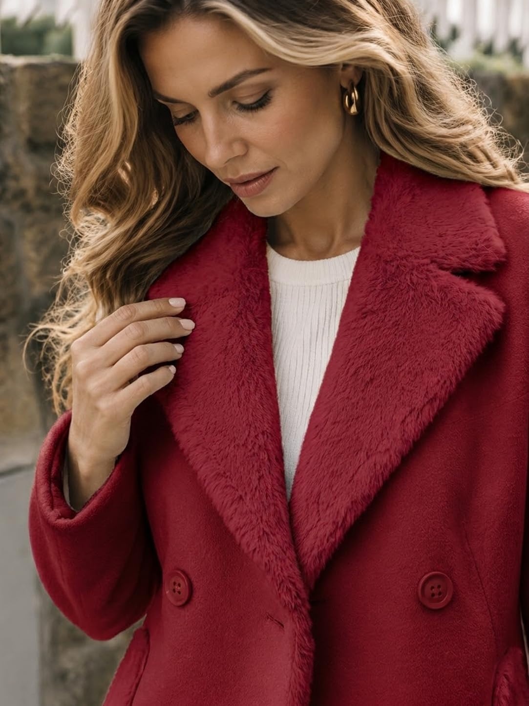 image:imageFur Collar Wool Coats for Women Double Breasted Long Peacoat JacketsMaple Red