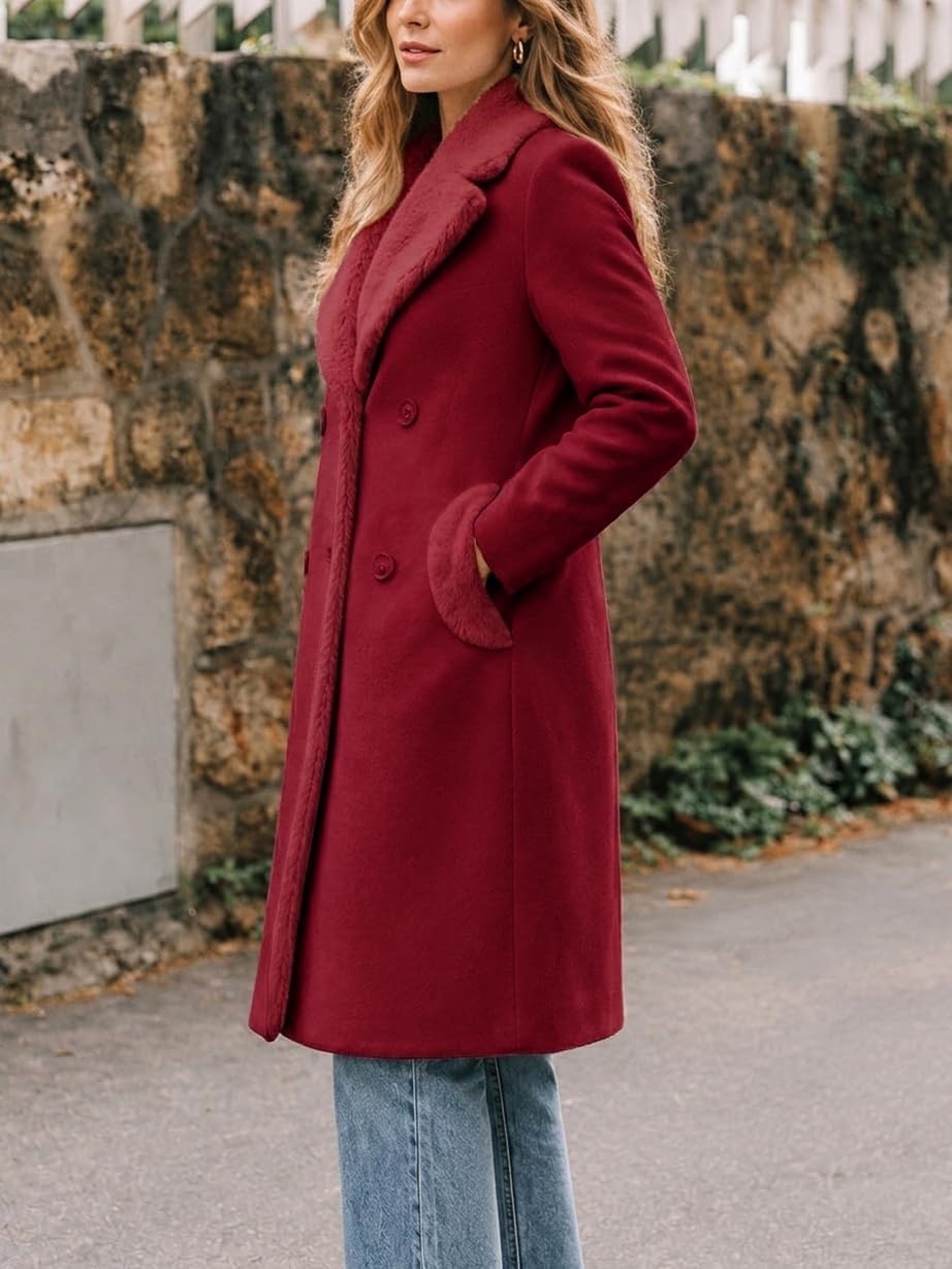 image:imageFur Collar Wool Coats for Women Double Breasted Long Peacoat JacketsMaple Red
