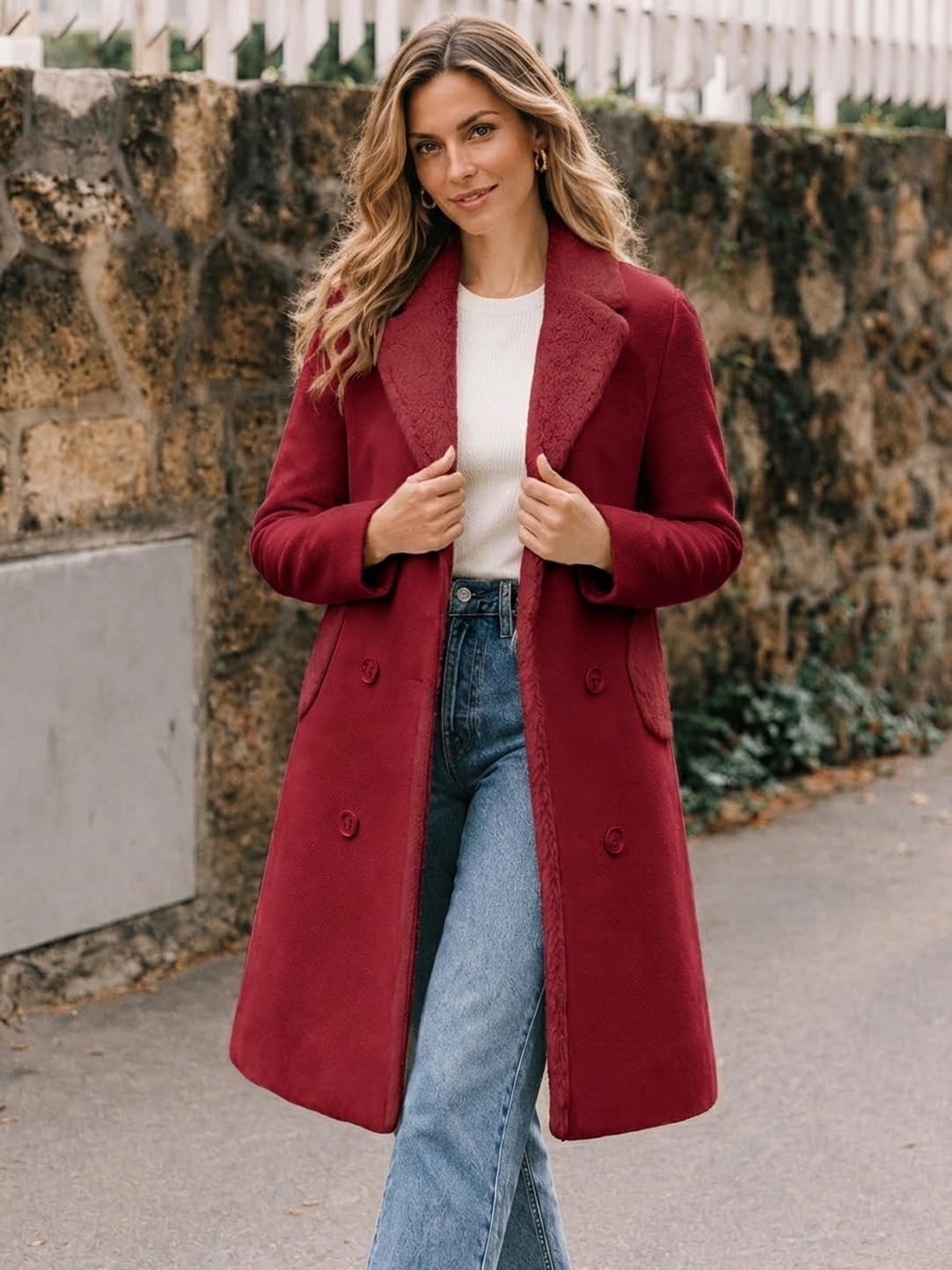 image:imageFur Collar Wool Coats for Women Double Breasted Long Peacoat JacketsMaple Red