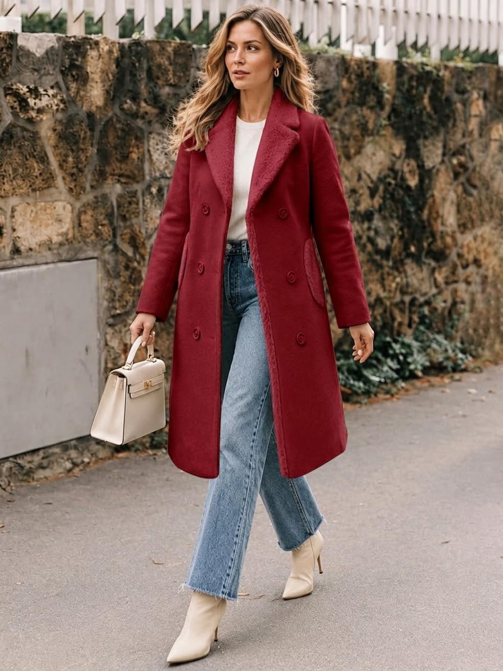image:imageFur Collar Wool Coats for Women Double Breasted Long Peacoat JacketsMaple Red