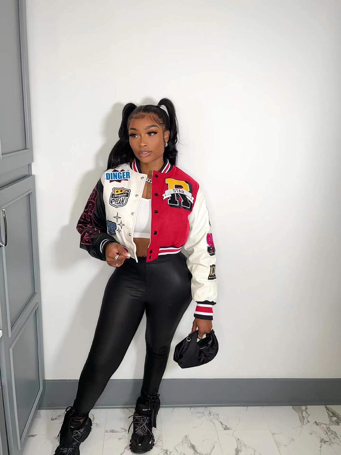 image:imageGlitrandi Varsity Jacket Women with Patches Print Cropped Bomber Leather Jacket Women 2025 SXXLA2red