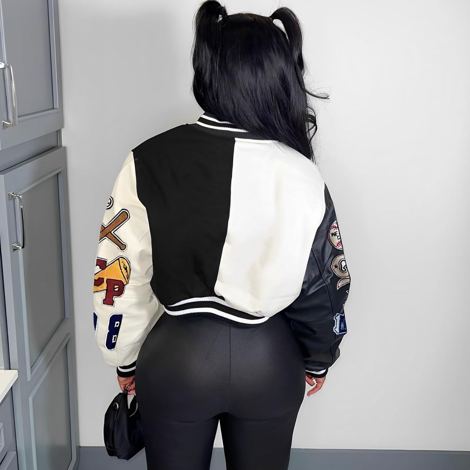 image:imageGlitrandi Varsity Jacket Women with Patches Print Cropped Bomber Leather Jacket Women 2025 SXXLAblack