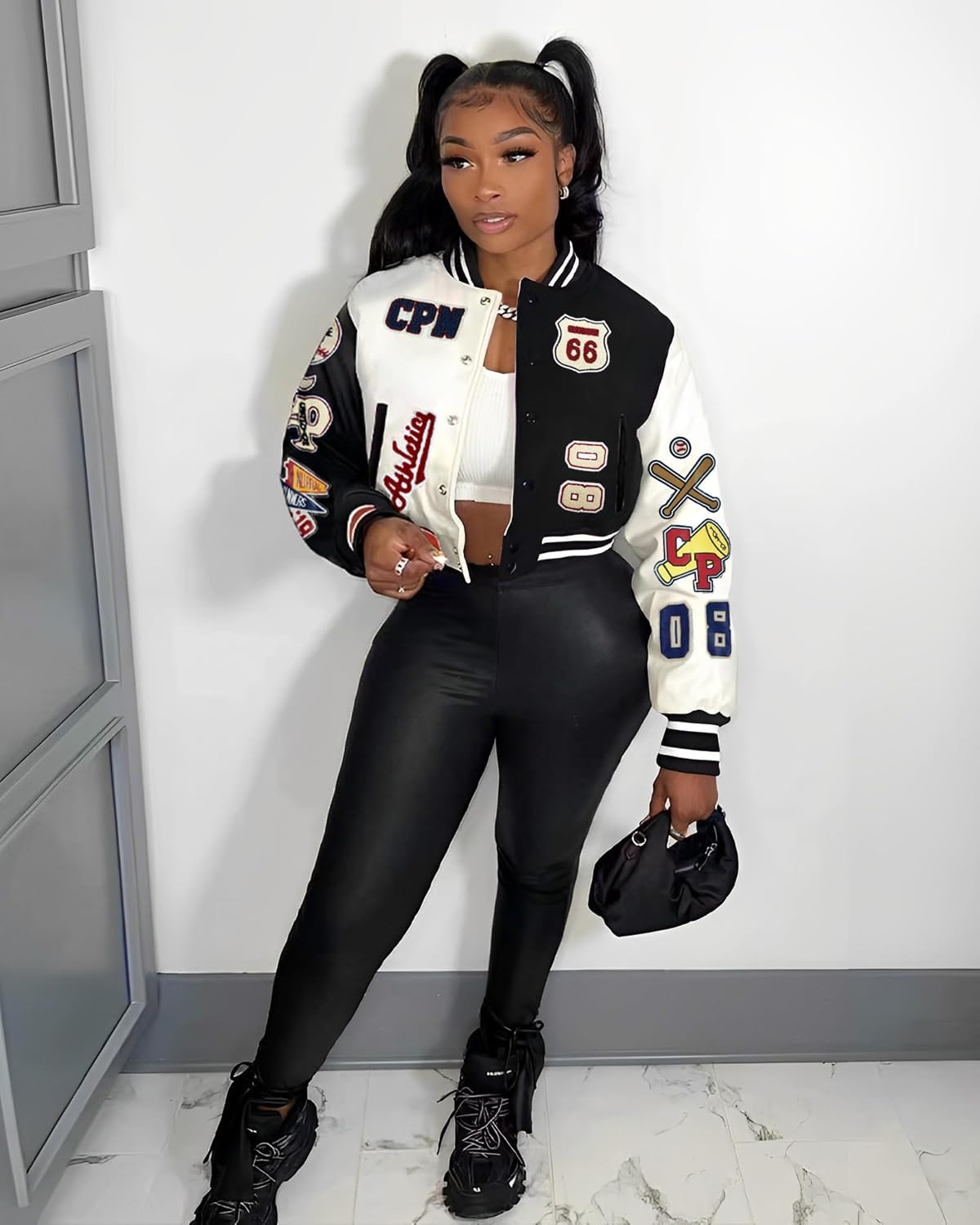 image:imageGlitrandi Varsity Jacket Women with Patches Print Cropped Bomber Leather Jacket Women 2025 SXXLAblack