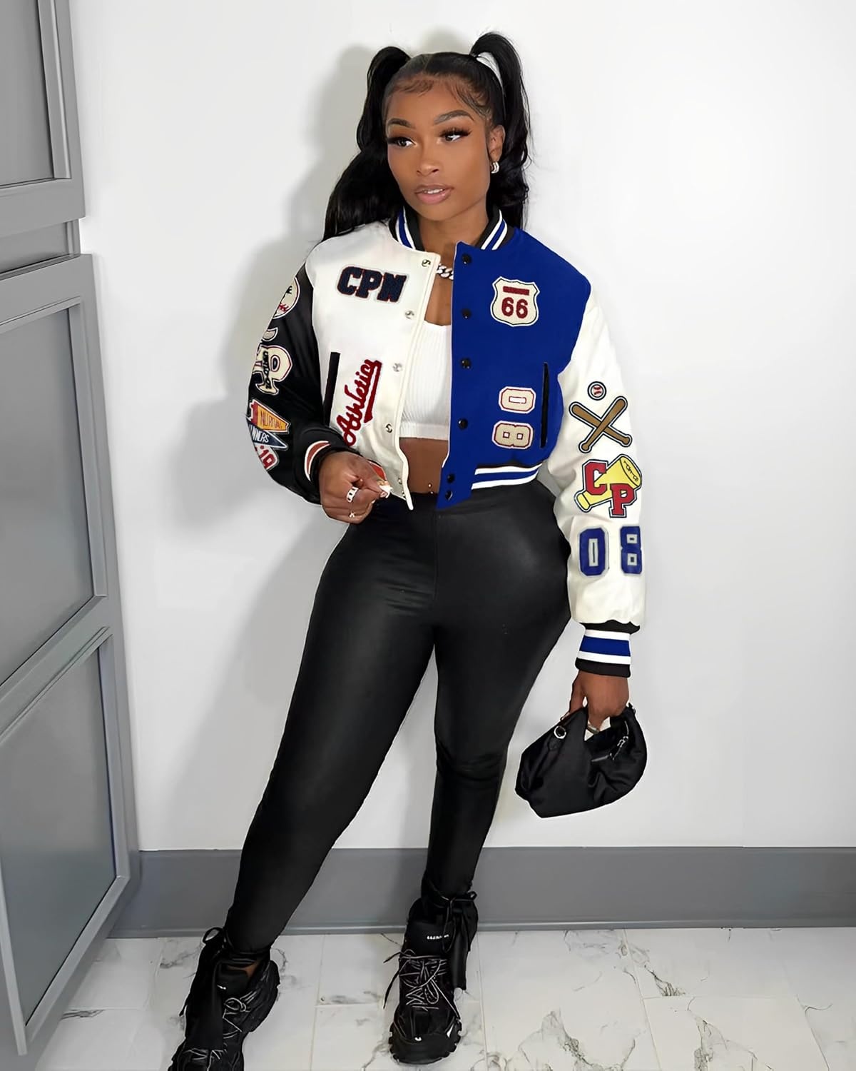 image:imageGlitrandi Varsity Jacket Women with Patches Print Cropped Bomber Leather Jacket Women 2025 SXXLAblue