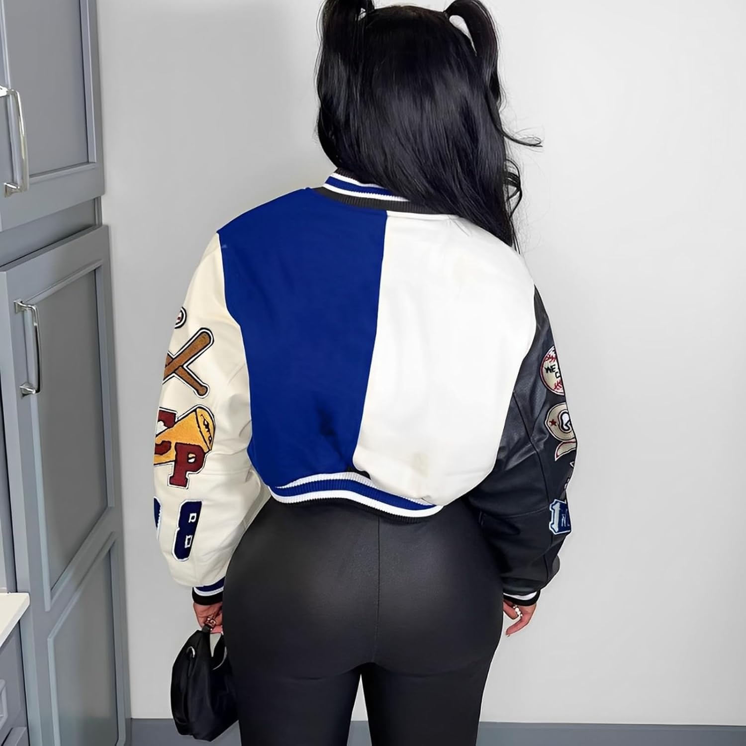 image:imageGlitrandi Varsity Jacket Women with Patches Print Cropped Bomber Leather Jacket Women 2025 SXXLAblue