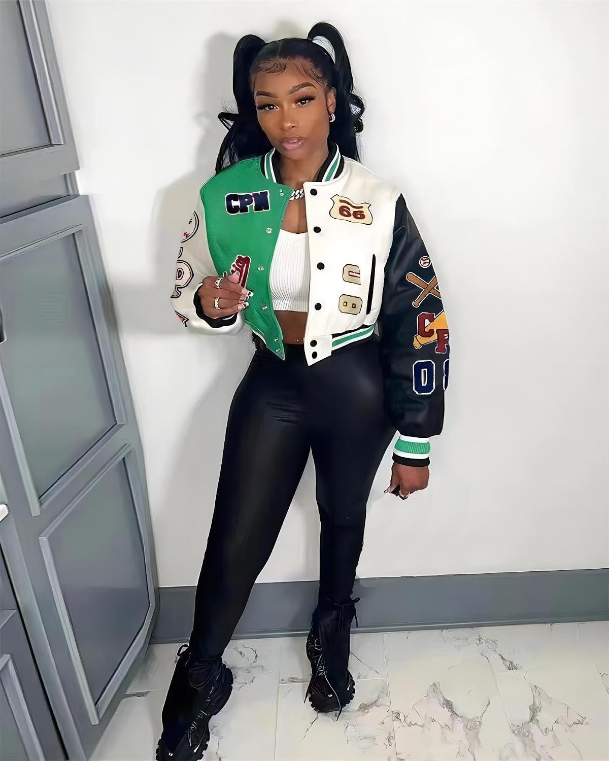 image:imageGlitrandi Varsity Jacket Women with Patches Print Cropped Bomber Leather Jacket Women 2025 SXXLAgreen
