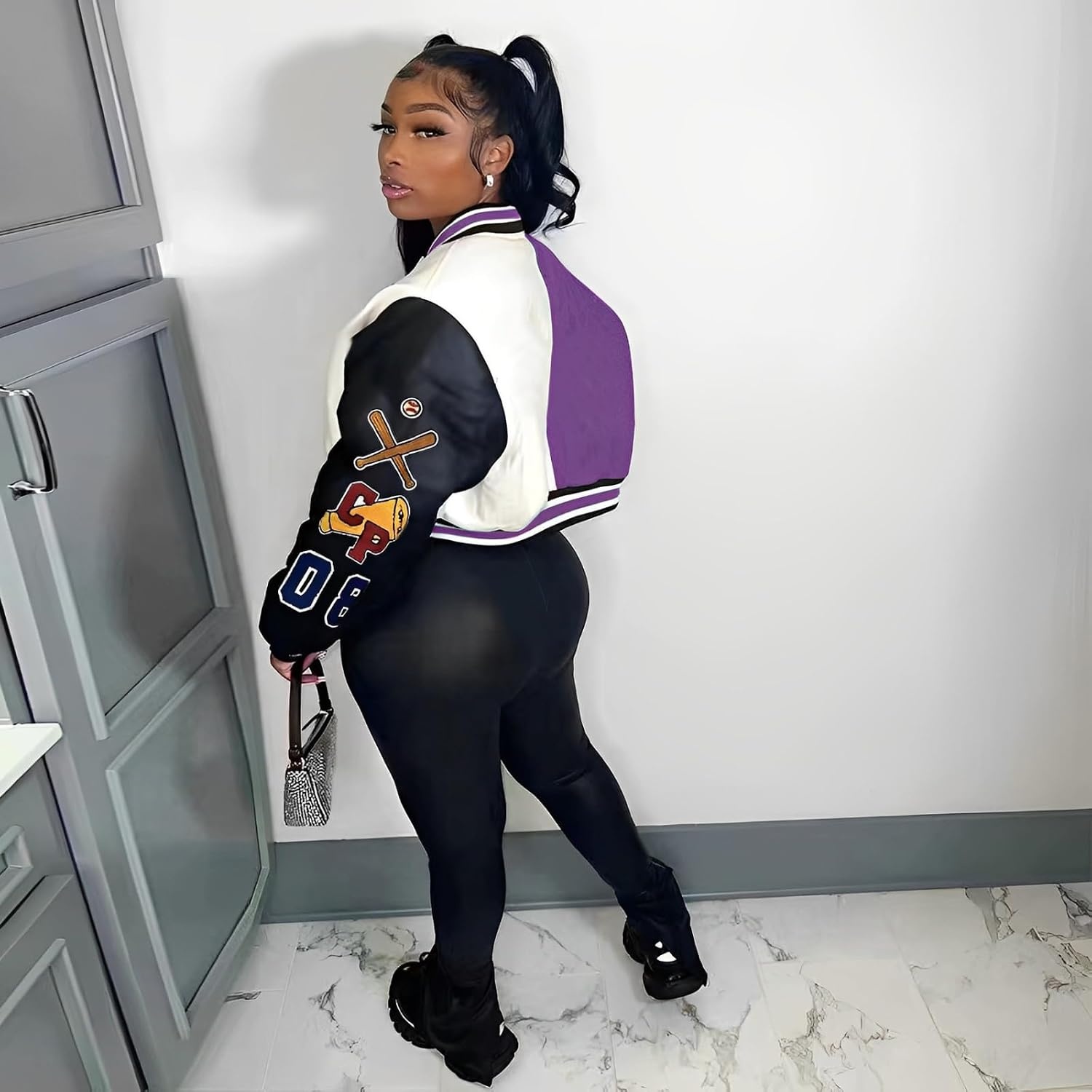 image:imageGlitrandi Varsity Jacket Women with Patches Print Cropped Bomber Leather Jacket Women 2025 SXXLApurple