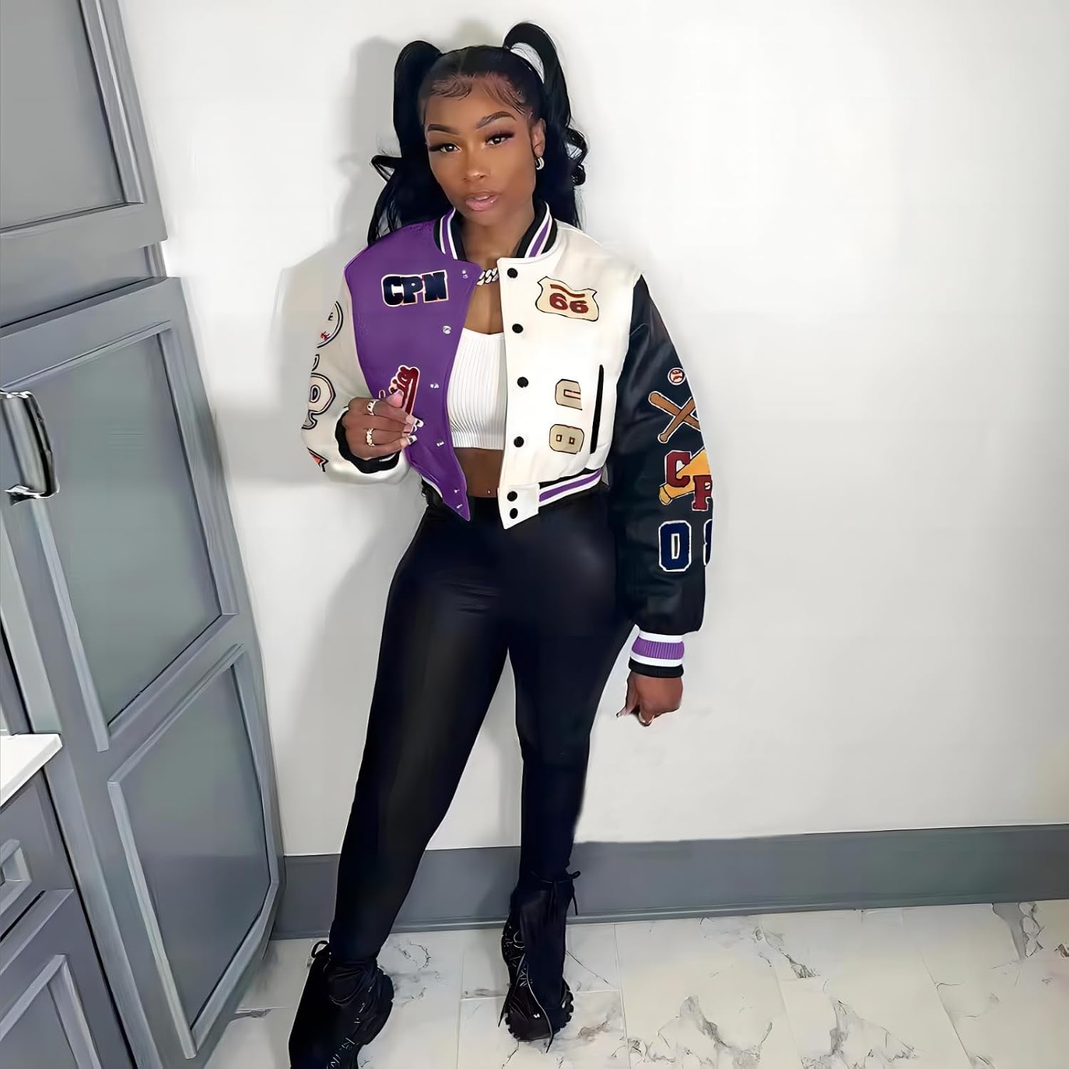 image:imageGlitrandi Varsity Jacket Women with Patches Print Cropped Bomber Leather Jacket Women 2025 SXXLApurple