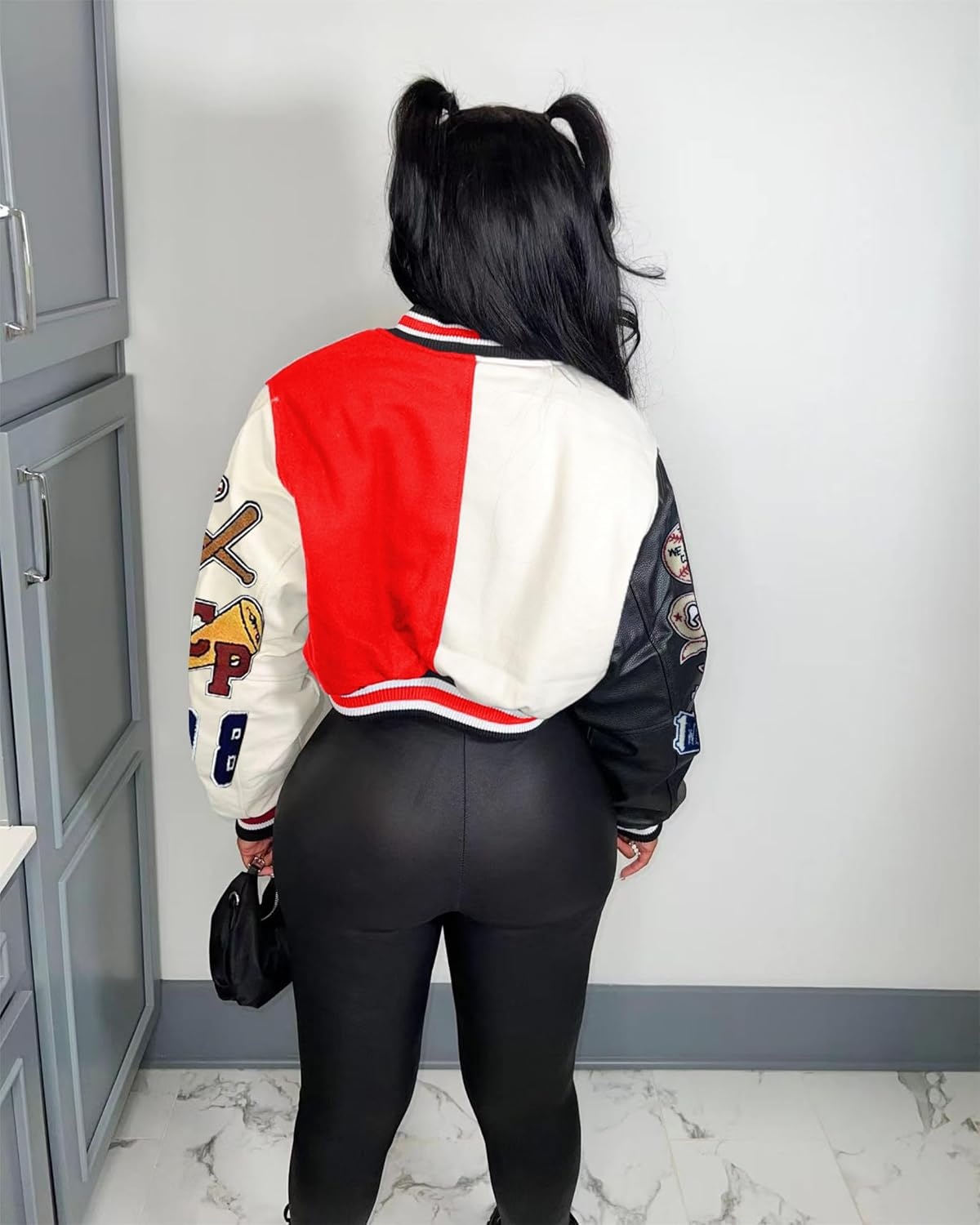 image:imageGlitrandi Varsity Jacket Women with Patches Print Cropped Bomber Leather Jacket Women 2025 SXXLAred