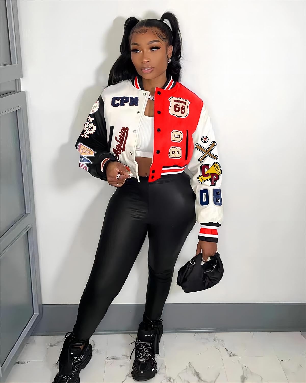 image:imageGlitrandi Varsity Jacket Women with Patches Print Cropped Bomber Leather Jacket Women 2025 SXXLAred