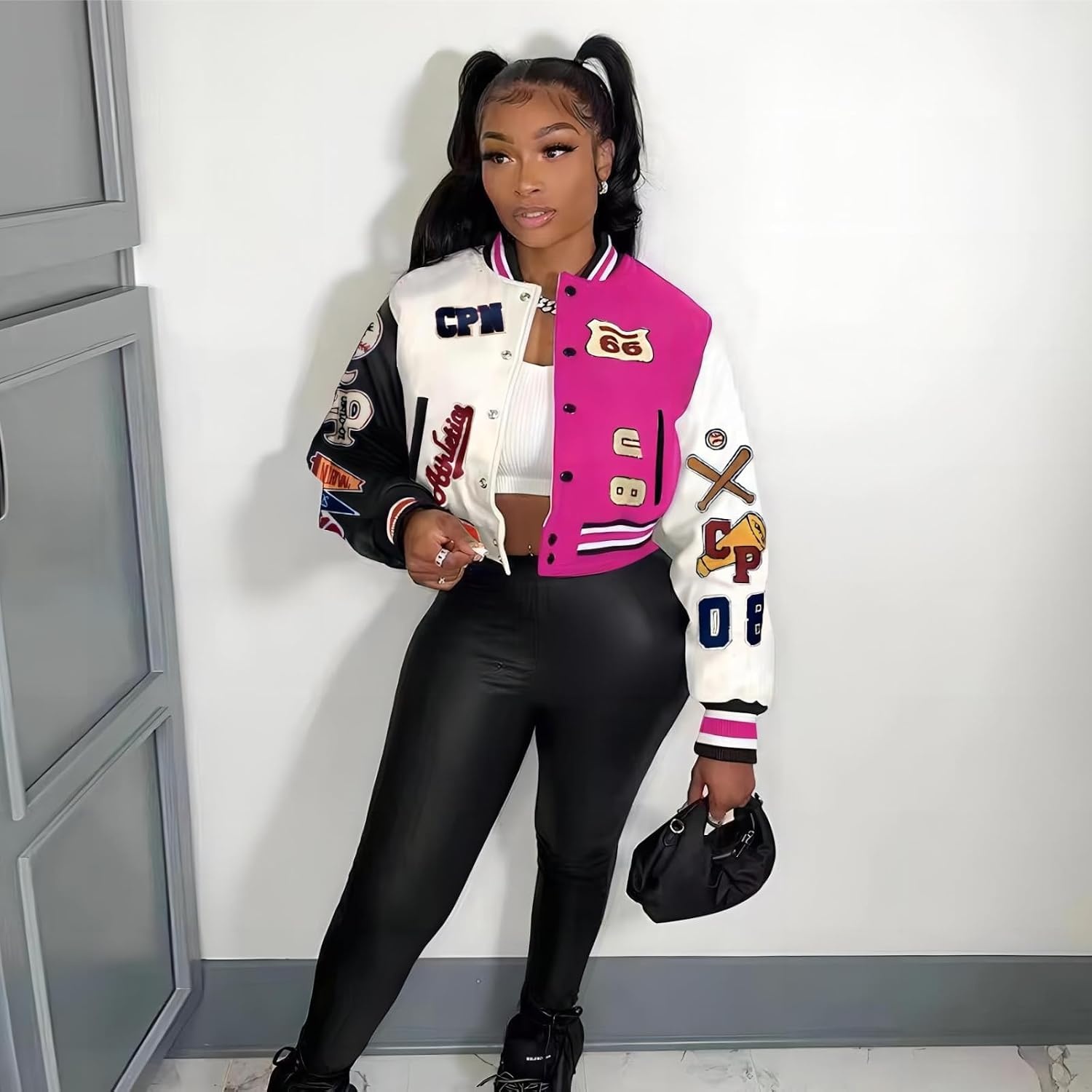image:imageGlitrandi Varsity Jacket Women with Patches Print Cropped Bomber Leather Jacket Women 2025 SXXLArose