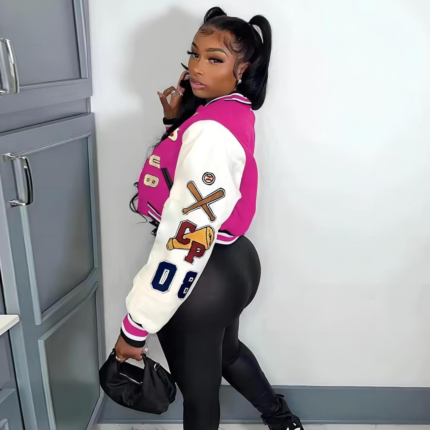 image:imageGlitrandi Varsity Jacket Women with Patches Print Cropped Bomber Leather Jacket Women 2025 SXXLArose