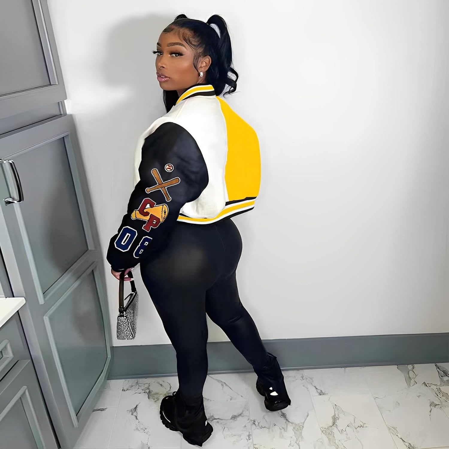 image:imageGlitrandi Varsity Jacket Women with Patches Print Cropped Bomber Leather Jacket Women 2025 SXXLAyellow